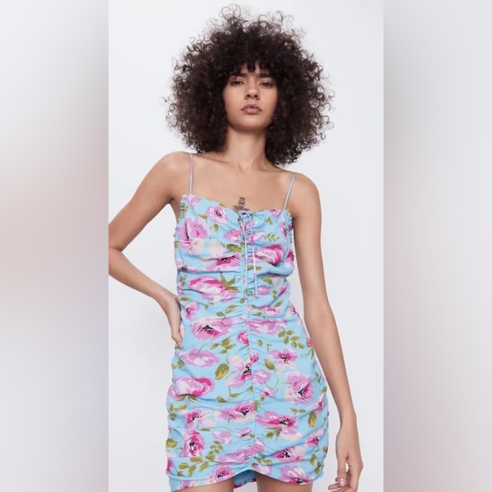 Zara Blue/Pink Floral Ruched Drawstring Mini Dress